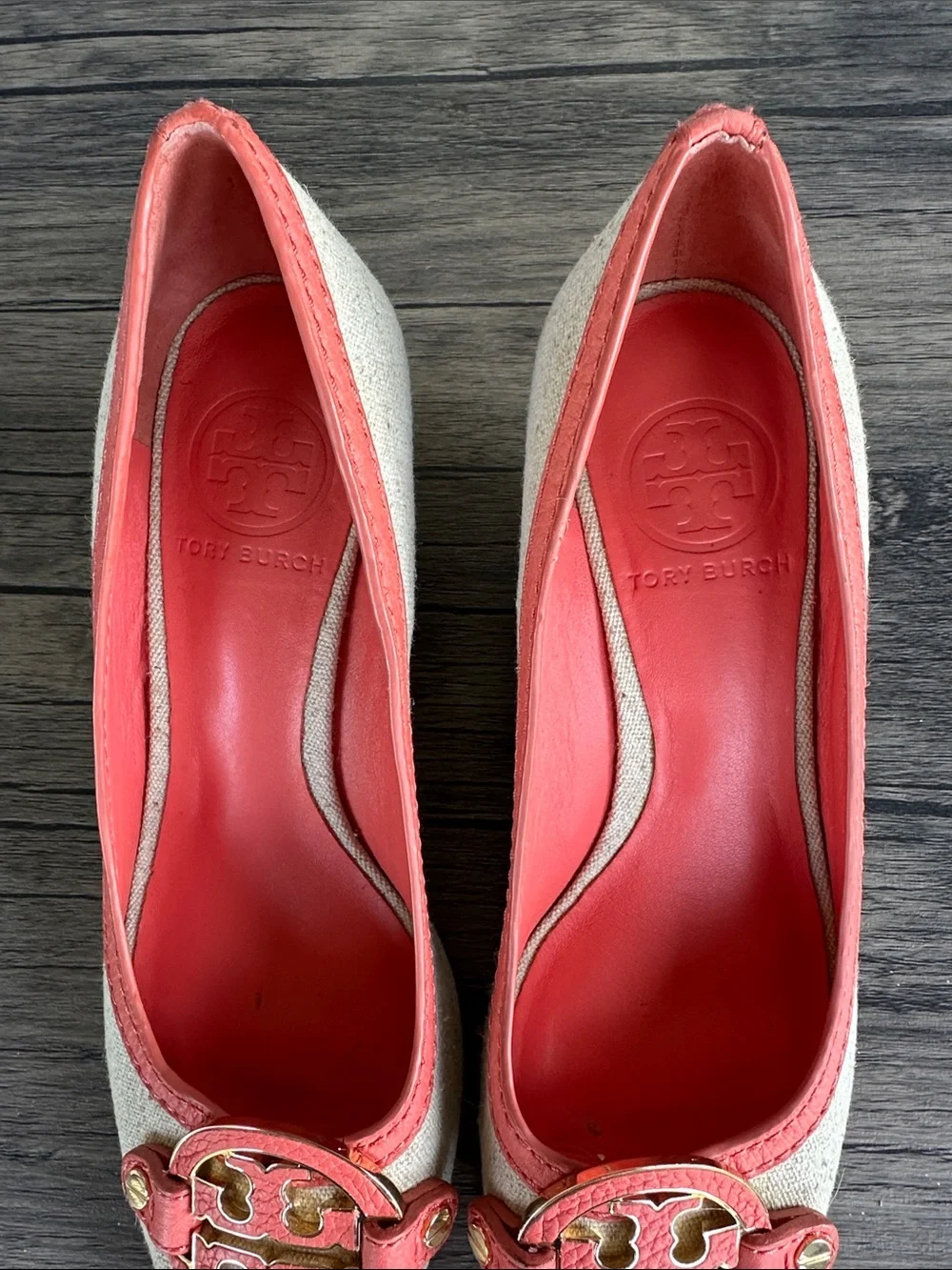 Tory Burch Coral-Trim Peep-Toe Wedges with Gold Logo